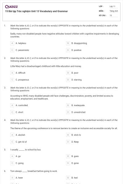15 Bài tập Trắc nghiệm Unit 13 Vocabulary and Grammar