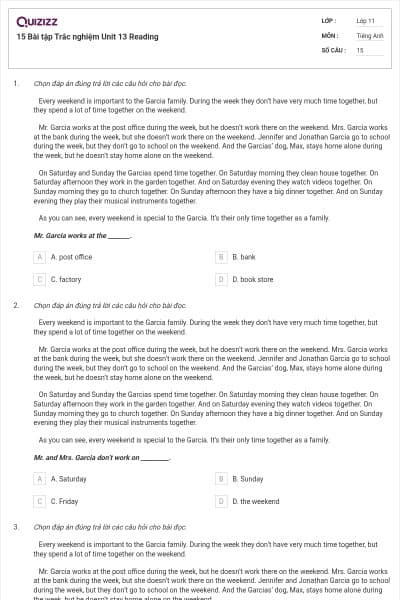 15 Bài tập Trắc nghiệm Unit 13 Reading