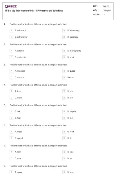 15 Bài tập Trắc nghiệm Unit 15 Phonetics and Speaking