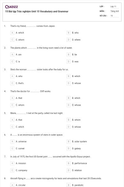 15 Bài tập Trắc nghiệm Unit 15 Vocabulary and Grammar