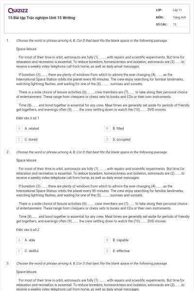 15 Bài tập Trắc nghiệm Unit 15 Writing