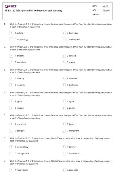 15 Bài tập Trắc nghiệm Unit 16 Phonetics and Speaking