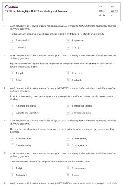 15 Bài tập Trắc nghiệm Unit 16 Vocabulary and Grammar