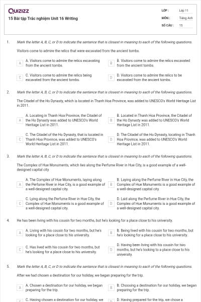15 Bài tập Trắc nghiệm Unit 16 Writing