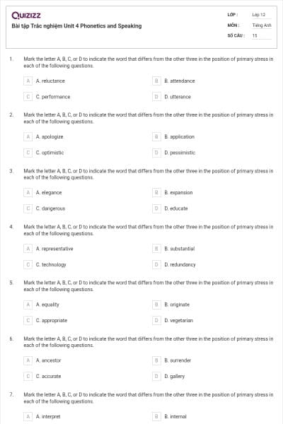 Bài tập Trắc nghiệm Unit 4 Phonetics and Speaking
