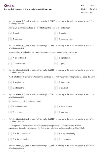 Bài tập Trắc nghiệm Unit 4 Vocabulary and Grammar