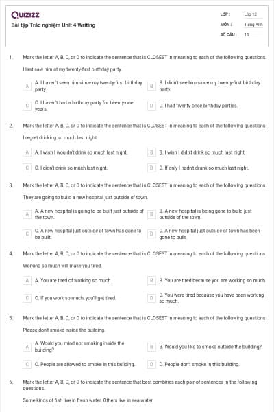 Bài tập Trắc nghiệm Unit 4 Writing