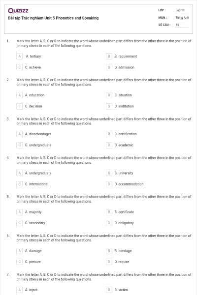 Bài tập Trắc nghiệm Unit 5 Phonetics and Speaking