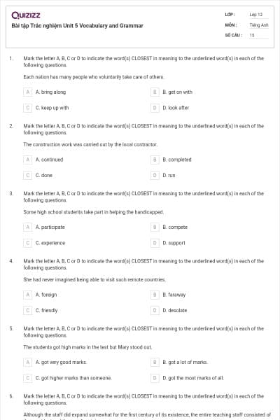 Bài tập Trắc nghiệm Unit 5 Vocabulary and Grammar