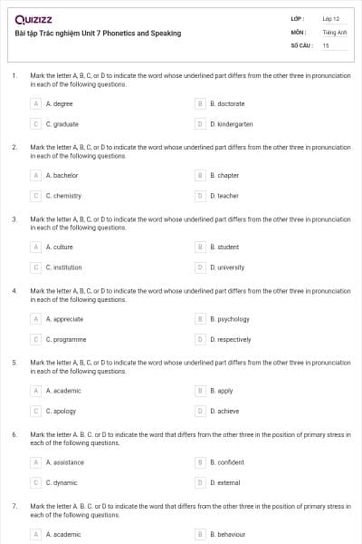 Bài tập Trắc nghiệm Unit 7 Phonetics and Speaking