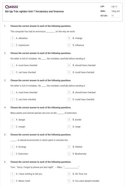 Bài tập Trắc nghiệm Unit 7 Vocabulary and Grammar