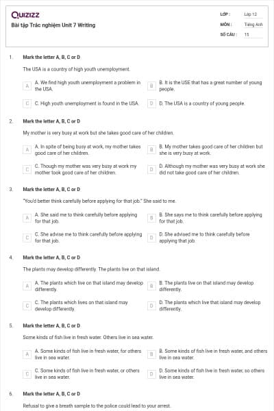 Bài tập Trắc nghiệm Unit 7 Writing