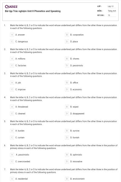 Bài tập Trắc nghiệm Unit 8 Phonetics and Speaking