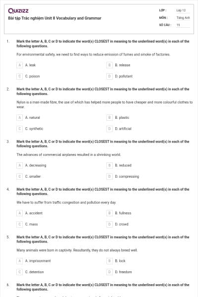 Bài tập Trắc nghiệm Unit 8 Vocabulary and Grammar