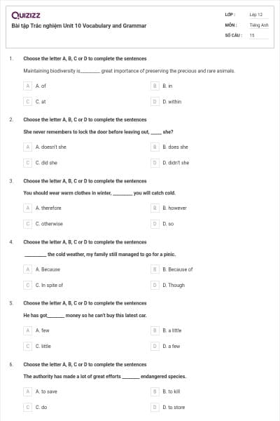 Bài tập Trắc nghiệm Unit 10 Vocabulary and Grammar