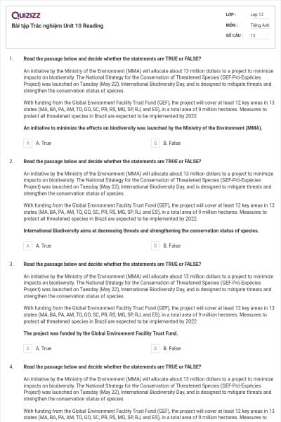 Bài tập Trắc nghiệm Unit 10 Reading
