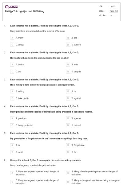 Bài tập Trắc nghiệm Unit 10 Writing
