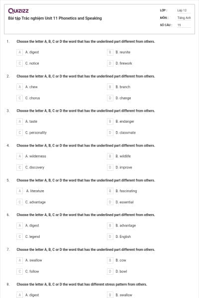 Bài tập Trắc nghiệm Unit 11 Phonetics and Speaking