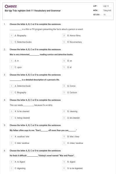 Bài tập Trắc nghiệm Unit 11 Vocabulary and Grammar
