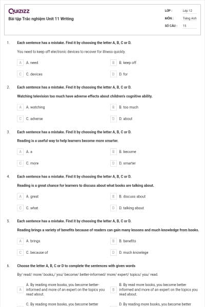 Bài tập Trắc nghiệm Unit 11 Writing