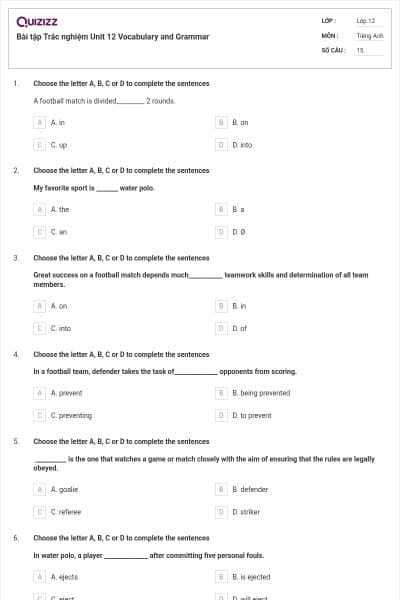 Bài tập Trắc nghiệm Unit 12 Vocabulary and Grammar