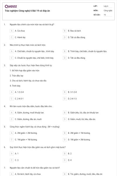 Trắc nghiệm Công nghệ 6 Bài 19 có đáp án