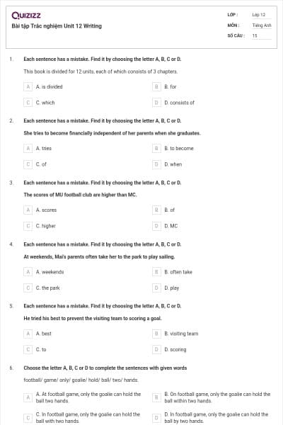 Bài tập Trắc nghiệm Unit 12 Writing
