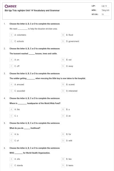 Bài tập Trắc nghiệm Unit 14 Vocabulary and Grammar