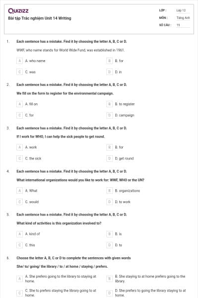 Bài tập Trắc nghiệm Unit 14 Writing