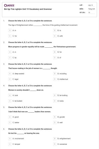 Bài tập Trắc nghiệm Unit 15 Vocabulary and Grammar