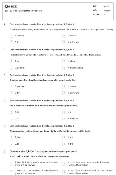 Bài tập Trắc nghiệm Unit 15 Writing