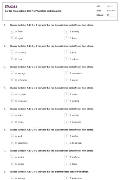 Bài tập Trắc nghiệm Unit 16 Phonetics and Speaking
