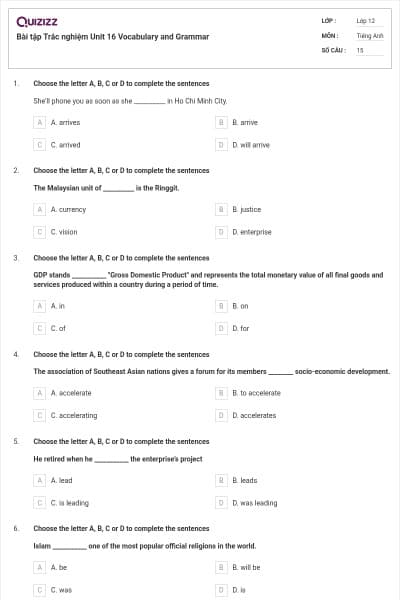 Bài tập Trắc nghiệm Unit 16 Vocabulary and Grammar