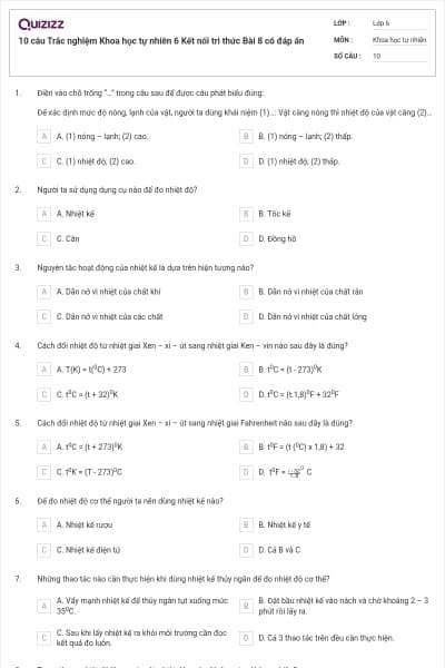 10 câu Trắc nghiệm Khoa học tự nhiên 6 Kết nối tri thức Bài 8 có đáp án