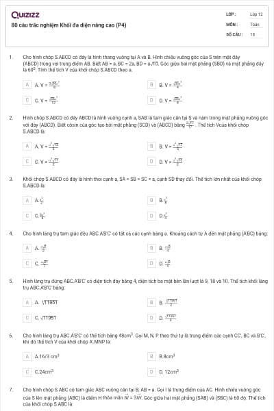 80 câu trắc nghiệm Khối đa diện nâng cao (P4)