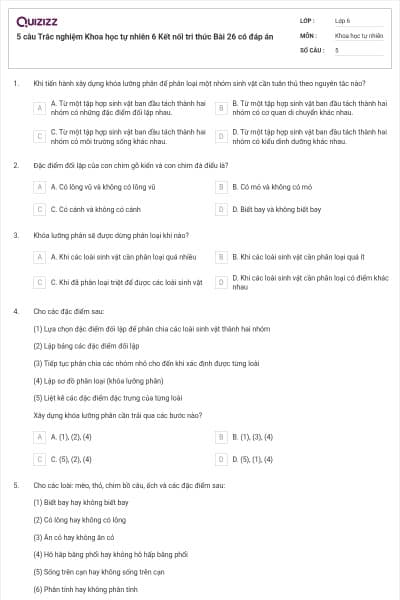 5 câu Trắc nghiệm Khoa học tự nhiên 6 Kết nối tri thức Bài 26 có đáp án