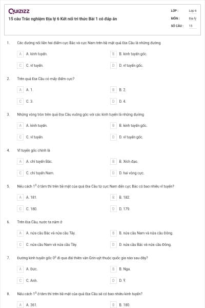 15 câu Trắc nghiệm Địa lý 6 Kết nối tri thức Bài 1 có đáp án