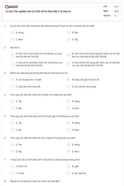 12 câu Trắc nghiệm Địa lý 6 Kết nối tri thức Bài 2 có đáp án