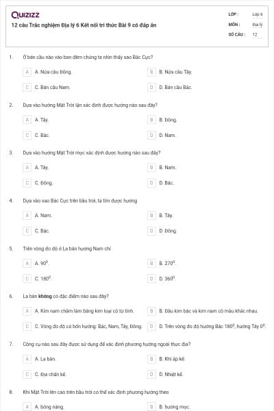 12 câu Trắc nghiệm Địa lý 6 Kết nối tri thức Bài 9 có đáp án