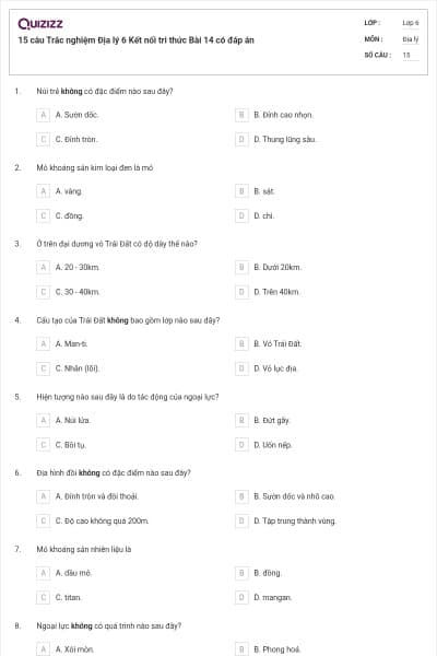 15 câu Trắc nghiệm Địa lý 6 Kết nối tri thức Bài 14 có đáp án