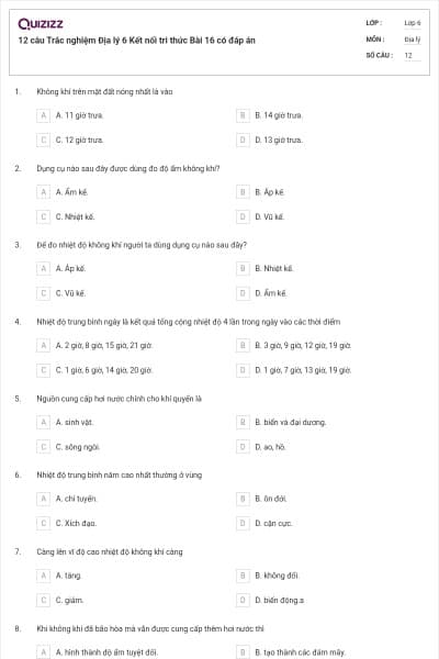 12 câu Trắc nghiệm Địa lý 6 Kết nối tri thức Bài 16 có đáp án