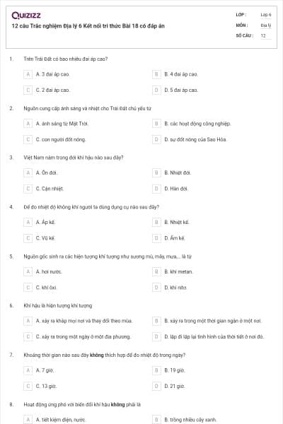 12 câu Trắc nghiệm Địa lý 6 Kết nối tri thức Bài 18 có đáp án