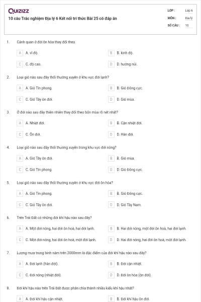 10 câu Trắc nghiệm Địa lý 6 Kết nối tri thức Bài 25 có đáp án