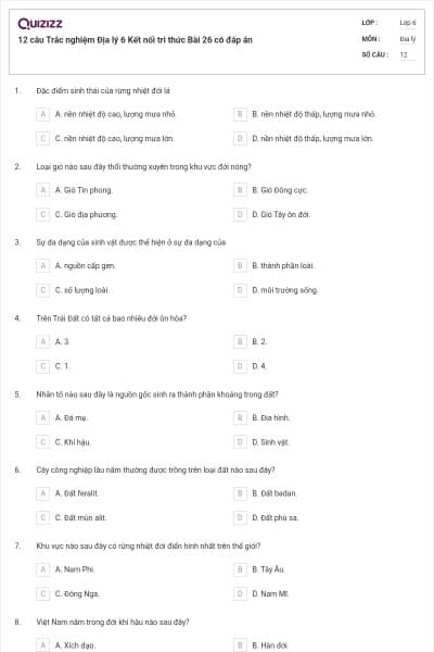 12 câu Trắc nghiệm Địa lý 6 Kết nối tri thức Bài 26 có đáp án
