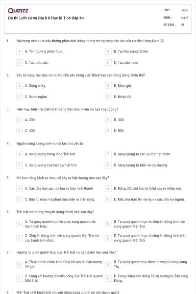 Đề thi Lịch sử và Địa lí 6 Học kì 1 có đáp án