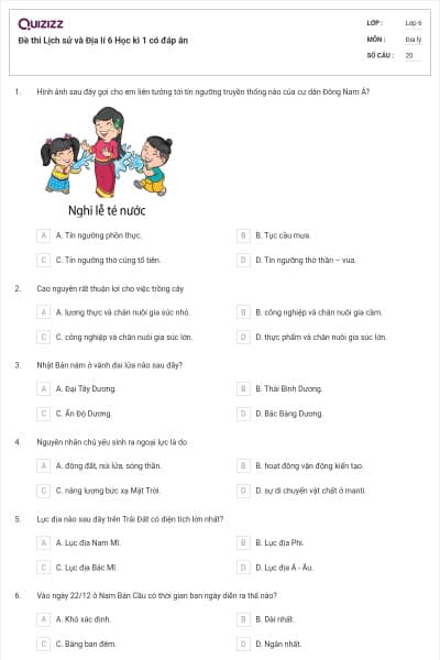 Đề thi Lịch sử và Địa lí 6 Học kì 1 có đáp án