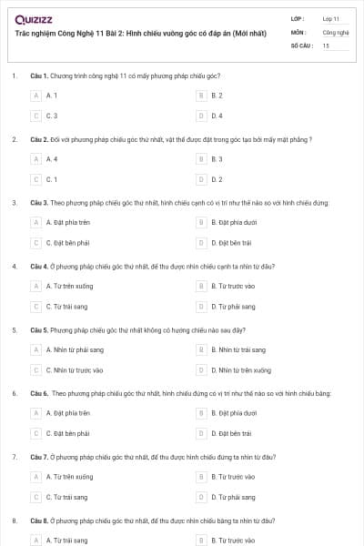 Trắc nghiệm Công Nghệ 11 Bài 2: Hình chiếu vuông góc có đáp án (Mới nhất)