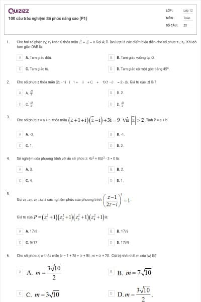 100 câu trắc nghiệm Số phức nâng cao (P1)