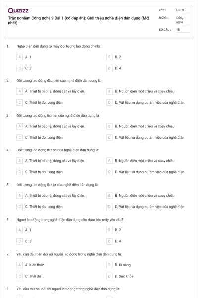 Trắc nghiệm Công nghệ 9 Bài 1 (có đáp án): Giới thiệu nghề điện dân dụng (Mới nhất)