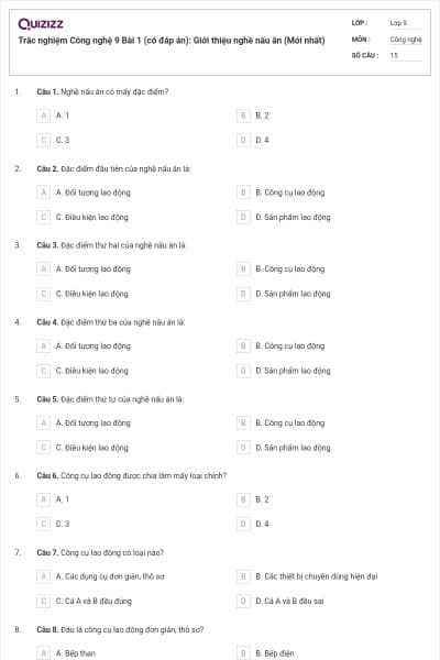 Trắc nghiệm Công nghệ 9 Bài 1 (có đáp án): Giới thiệu nghề nấu ăn (Mới nhất)